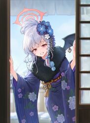 Rule 34 | 1girl, angcha, blue archive, demon wings, flower, hair flower, hair ornament, halo, haruna (blue archive), highres, japanese clothes, kimono, red eyes, sliding doors, traditional clothes, white hair, wings