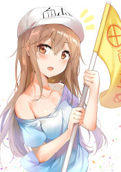 Rule 34 | 10s, 1girl, :o, absurdres, bare shoulders, blue shirt, blush, brown eyes, brown hair, character name, collarbone, commentary, flag, flat cap, hair between eyes, hat, hataraku saibou, head tilt, highres, holding, holding flag, long hair, looking at viewer, off shoulder, open mouth, platelet (hataraku saibou), round teeth, shirt, sidelocks, simple background, solo, sunhyun, teeth, upper body, upper teeth only, white background, white hat