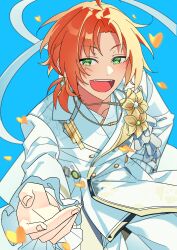 Rule 34 | 1boy, absurdres, blue background, buttons, commentary, earrings, ensemble stars!, fangs, fingernails, flower, gold necklace, green eyes, heidbd, highres, jewelry, lapels, long hair, long sleeves, looking at viewer, male focus, necklace, notched lapels, open mouth, orange hair, outstretched hand, single earring, solo, teeth, tsukinaga leo, upper body, upper teeth only