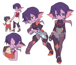Rule 34 | 1boy, 1girl, aged down, baby, black hair, bodysuit, child, colored sclera, colored skin, closed eyes, facial mark, grey eyes, holding hands, keith (voltron), krolia, miyata (lhr), mother and son, multicolored hair, pink hair, pointy ears, purple eyes, purple hair, purple skin, smile, spoilers, two-tone hair, voltron: legendary defender, voltron (series), yellow sclera