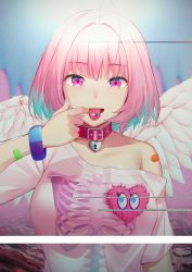 Rule 34 | 1girl, ahoge, bad id, bad twitter id, bandaid, blue hair, blush, bracelet, breasts, collar, commentary, feathered wings, heart, heart-shaped lock, idolmaster, idolmaster cinderella girls, inverted colors, jewelry, large breasts, lock, looking at viewer, mouth pull, multicolored hair, open mouth, oversized clothes, oversized shirt, pill, pill on tongue, pink collar, pink eyes, pink hair, shirt, short hair, short sleeves, skeleton print, solo, t-shirt, tongue, tongue out, translated, transparent, two-tone hair, umihotaru harumare, upper body, wings, yumemi riamu