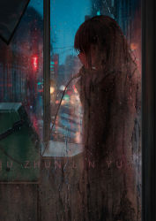Rule 34 | 1girl, brown coat, brown hair, catzz, city lights, coat, commentary request, condensation, highres, holding, holding phone, indoors, long hair, night, original, payphone, phone, phone booth, rain, scarf, scenery, sidelocks, sign, skirt, sky, solo