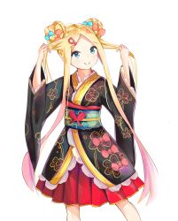 Rule 34 | 1girl, abigail williams (fate), absurdres, alternate costume, black kimono, blonde hair, blue bow, blue eyes, blush, bow, closed mouth, commentary request, double bun, fate/grand order, fate (series), feet out of frame, forehead, hair bow, hair bun, highres, japanese clothes, kimono, long hair, long sleeves, looking at viewer, obi, orange bow, parted bangs, pleated skirt, red skirt, sash, skirt, smile, solo, standing, twintails, very long hair, wide sleeves, yukaa