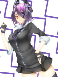 Rule 34 | 10s, 1girl, bad id, bad pixiv id, blush, breasts, eyepatch, fingerless gloves, gloves, hand on own hip, headgear, highres, kantai collection, large breasts, looking at viewer, necktie, personification, purple hair, school uniform, short hair, skirt, smile, solo, tenryuu (kancolle), thighhighs, yellow eyes, yutazou, zettai ryouiki