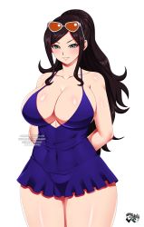Rule 34 | 1girl, arms behind back, bare shoulders, black hair, blue eyes, breasts, cleavage, collarbone, cowboy shot, dress, highres, jadenkaiba, large breasts, long hair, looking at viewer, nico robin, one piece, ponytail, purple dress, shiny skin, short dress, sidelocks, simple background, smile, solo, standing, sunglasses, sunglasses on head, thighs, white background