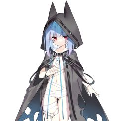 Rule 34 | 1girl, bandaged leg, bandages, black cloak, blue hair, blue nails, blush, cloak, closed mouth, curled horns, facial mark, fake horns, hood, hood up, hooded cloak, horns, long hair, looking at viewer, nail polish, navel, original, pointy ears, red eyes, saru, simple background, solo, standing, torn cloak, torn clothes, white background