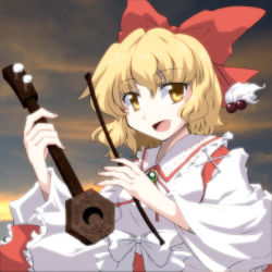 Rule 34 | 1girl, blonde hair, blouse, blurry, bow, brooch, cherry, cloud, depth of field, embodiment of scarlet devil, erhu, eyelashes, female focus, fingernails, food, frills, fruit, hair bow, highres, jewelry, long sleeves, looking at viewer, open mouth, sakuragi rian, satsuki rin, shirt, short hair, skirt, sky, solo, sunset, touhou, upper body, wide sleeves, yellow eyes