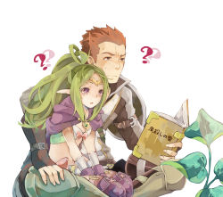 Rule 34 | 1boy, 1girl, ?, bad id, bad pixiv id, book, brown eyes, cape, fire emblem, fire emblem awakening, green hair, gregor (fire emblem), highres, indian style, nintendo, nowi (fire emblem), open book, plant, pointy ears, ponytail, purple eyes, red hair, sitting, sitting on lap, sitting on person, size difference, yachi kou