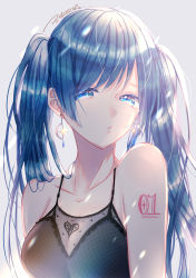 Rule 34 | 1girl, absurdres, arm tattoo, bare arms, blue eyes, blue gemstone, blue hair, breasts, character name, closed mouth, collarbone, earrings, gem, grey shirt, hatsune miku, highres, jewelry, long hair, looking at viewer, medium breasts, namikaze bon, number tattoo, shirt, sleeveless, sleeveless shirt, solo, sparkle, tattoo, twintails, vocaloid