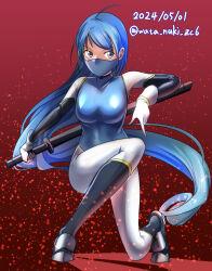 Rule 34 | 1girl, alternate breast size, alternate costume, blue leotard, bodysuit, boots, breasts, dated, fighting stance, gloves, gradient background, highres, kantai collection, leotard, long hair, mask, medium breasts, mouth mask, ninja, ninja mask, ninjatou, petals, red background, samidare (kancolle), sheath, sheathed, short sword, solo, sword, twitter username, wata nuki, weapon, weapon on back, white bodysuit, white gloves