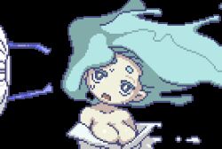 Rule 34 | 1girl, akai (ugokashitari), animated, animated gif, aqua hair, bare shoulders, bouncing breasts, breasts, cleavage, electric fan, enraenra (youkai watch), floating hair, head tilt, japanese clothes, kimono, liquid hair, long hair, lowres, medium breasts, open mouth, pixel art, simple background, solo, sweat, transparent background, upper body, wind, youkai watch