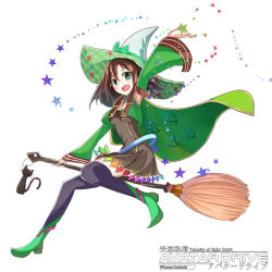 Rule 34 | 1girl, arm up, armpits, black cat, black thighhighs, boots, broom, broom riding, brown hair, cape, cat, copyright name, detached sleeves, fang, full body, green eyes, hat, highres, kousoku kidou avatar drive, okutomi fumi, open mouth, pointed boots, skirt, solo, star (symbol), thighhighs, watermark, white background, witch hat