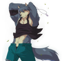 Rule 34 | 1boy, abs, animal ears, armpits, arms behind head, bara, bicep strap, black male underwear, black tank top, commentary request, dog boy, dog ears, dog tail, falling leaves, furry, furry male, green pants, highres, holding, holding jewelry, holding necklace, jewelry, kouya aotsuki, leaf, looking at viewer, male focus, male underwear, morenatsu, necklace, open fly, pants, sen fuuka, shirt, sleeveless, sleeveless shirt, tail, tank top, underwear, unzipped, white background, wind