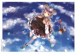 Rule 34 | 1girl, absurdres, ahoge, animal ears, basket, black skirt, black vest, blue sky, blush, boots, bow, capelet, cloud, day, domotolain, dowsing rod, dutch angle, from above, full body, grey capelet, grey footwear, grey hair, highres, holding, holding with tail, huge filesize, jewelry, long sleeves, looking at viewer, mouse (animal), mouse ears, mouse tail, nazrin, necklace, outdoors, pendant, petticoat, pink bow, pink eyes, prehensile tail, scan, shirt, short hair, skirt, skirt set, sky, smile, solo, tail, tail bow, tail ornament, touhou, translation request, vest, white shirt