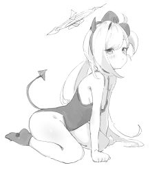 Rule 34 | 1girl, absurdres, blue archive, blush, bow, closed mouth, fake horns, greyscale, hair bow, halo, highres, horns, long hair, looking at viewer, monochrome, mutsuki (blue archive), ocha (popopogg), one-piece swimsuit, side ponytail, simple background, sitting, sketch, socks, solo, swimsuit, tail, very long hair