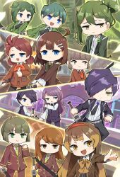 Rule 34 | 2boys, 2girls, 6+others, ahoge, blue eyes, brown cardigan, brown hair, cardigan, closed mouth, coat, folded ponytail, green coat, hair ornament, hair over one eye, hairclip, highres, hod (project moon), jacket, librarian (project moon), library of ruina, long hair, long sleeves, malkuth (project moon), medium hair, multicolored hair, multiple boys, multiple girls, multiple others, neckerchief, netzach (project moon), open mouth, orange neckerchief, ponsuke (nemui tebasaki), project moon, purple vest, red jacket, shirt, smile, streaked hair, vest, white shirt, yesod (project moon)