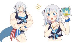 Rule 34 | 1girl, :3, blue eyes, blue hair, blush, closed eyes, commentary, fins, fish tail, flexing, gawr gura, grey hair, hair ornament, highres, holding, holding photo, hololive, hololive english, hololive summer 2023 swimsuit, looking at viewer, mittsu, multicolored hair, multiple views, muscular, muscular female, official alternate costume, official art, photo (object), shark girl, shark hair ornament, shark tail, shorts, simple background, solo, streaked hair, swimsuit, tail, triangle mouth, two side up, virtual youtuber, white background, wristband