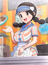 Rule 34 | 1girl, :d, absurdres, apron, black hair, braid, breasts, brown eyes, candice (palentine&#039;s 2024) (pokemon), candice (pokemon), creatures (company), dress, eyelashes, game freak, gonzarez, highres, indoors, large breasts, long hair, nintendo, official alternate costume, open mouth, pokemon, pokemon masters ex, short sleeves, smile, solo, teeth, twin braids, upper teeth only, visor cap, waist apron, white apron