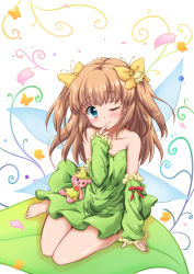 Rule 34 | 1girl, ;), aqua eyes, bare legs, bare shoulders, barefoot, blue wings, blush, butterfly, butterfly hair ornament, chigusa, collarbone, detached sleeves, dress, fairy, fairy wings, finger to face, frilled sleeves, frills, girlfriend (kari), green dress, hair ornament, light brown hair, long hair, looking at viewer, one eye closed, petals, red ribbon, ribbon, rose petals, short twintails, sitting, smile, solo, strapless, strapless dress, stuffed animal, stuffed toy, teddy bear, transparent wings, twintails, two side up, wings, wink, yellow ribbon, yuuki nae