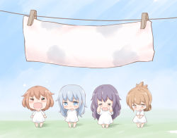 Rule 34 | 10s, 4girls, aged down, akatsuki (kancolle), alternate costume, barefoot, bedwetting, black hair, brown hair, clothesline, crying, fang, flying teardrops, folded ponytail, gale kawaii, gradient background, hibiki (kancolle), ikazuchi (kancolle), inazuma (kancolle), kantai collection, long hair, multiple girls, open mouth, panties, ponytail, short hair, silver hair, sky, tears, underwear, wavy mouth, white panties, wiping tears