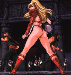 Rule 34 | 1990s (style), 1girl, 6+boys, armor, ass, blade, blonde hair, boots, breasts, brown eyes, buddhist priest, buzz cut, camouflage, column, everyone, fingernails, from behind, full body, gate, hien (takeru), high ponytail, highleg, holding, katana, knife, long hair, long sleeves, looking at viewer, looking back, mask, midriff, mirror, multiple boys, muscular, ninja, open clothes, open shirt, pants, parted bangs, pillar, polearm, red footwear, retro artstyle, revealing clothes, sculpture, shaved head, sheath, shirt, short hair, sleeveless, sleeveless shirt, spear, spread legs, standing, sword, takeru (manga), terasawa buichi, very short hair, vest, weapon, wristband