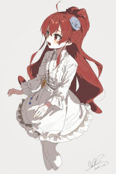 Rule 34 | 1girl, absurdres, blush, breasts, cropped legs, dress, eris greyrat, fang, flower, hair flower, hair ornament, highres, long hair, long sleeves, looking to the side, mushoku tensei, open mouth, ponytail, qtian, red eyes, red hair, simple background, small breasts, solo, standing, thighhighs, white background, white dress, white thighhighs