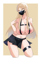 Rule 34 | absurdres, areola slip, arm under breasts, bare arms, bare shoulders, black skirt, blonde hair, border, breasts, brown eyes, collarbone, cropped legs, harness, highres, large breasts, leaning forward, long hair, looking at viewer, mask, miniskirt, mouth mask, navel, nijisanji, outside border, parted bangs, simple background, sister claire, sister claire (9th costume), skindentation, skirt, thigh strap, very long hair, virtual youtuber, white border, yellow background, zhait007
