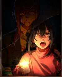 Rule 34 | 2girls, absurdres, black hair, blood, blood on face, broken, chainsaw man, closed mouth, highres, holding, khyle., looking at viewer, makima (chainsaw man), multiple girls, nayuta (chainsaw man), open mouth, orange eyes, red hair, ringed eyes, scared