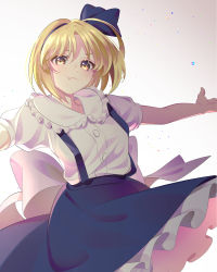 Rule 34 | 1girl, absurdres, aged down, alice margatroid, alice margatroid (pc-98), blonde hair, blue bow, blue hairband, blue skirt, book, bow, breasts, collared shirt, commentary request, frilled shirt collar, frilled skirt, frills, grimoire of alice, guumin, hair bow, hairband, highres, outstretched arms, pout, puffy short sleeves, puffy sleeves, shirt, short hair, short sleeves, simple background, skirt, small breasts, solo, suspender skirt, suspenders, touhou, touhou (pc-98), white skirt, yellow eyes