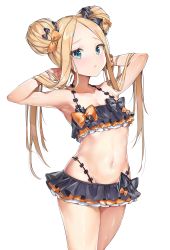 Rule 34 | 1girl, abigail williams (emerald float) (fate), abigail williams (fate), absurdres, armpits, arms up, bare shoulders, bikini, black bikini, black bow, blonde hair, blue eyes, blush, bow, breasts, double bun, emerald float, fate/grand order, fate (series), forehead, frilled bikini, frills, hair bow, hair bun, hands in hair, highres, long hair, looking at viewer, miniskirt, navel, official alternate costume, orange bow, parted bangs, polka dot, polka dot bow, simple background, skirt, small breasts, solo, swimsuit, thighs, white background, yayoichi (yoruyoru108)
