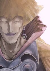 1boy and_narcolepsy blonde_hair closed_eyes closed_mouth commentary_request cronos_de_medici crying earrings facing_viewer happy_tears highres jewelry male_focus purple_lips short_hair solo tears upper_body white_background yu-gi-oh! yu-gi-oh!_gx