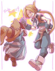 Rule 34 | 2boys, ayana (iqaw5cfohvdtver), belt, black mage (final fantasy), blonde hair, blue coat, blue pants, blue vest, boots, closed eyes, coat, cropped vest, final fantasy, final fantasy ix, frilled shirt collar, frills, full body, gloves, grey footwear, grey gloves, grin, hair ribbon, hand on own hip, hat, high five, low ponytail, male focus, monkey tail, multiple boys, neck ribbon, pants, parted bangs, red footwear, red gloves, ribbon, shirt, short hair, sleeveless, sleeveless shirt, smile, striped clothes, striped pants, tail, teeth, vest, vivi ornitier, white shirt, wizard hat, wrist cuffs, zidane tribal