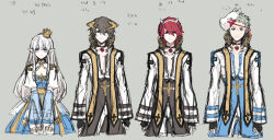 Rule 34 | 1girl, 3boys, arch bishop (ragnarok online), black gloves, blue coat, blue dress, blue eyes, brown coat, brown hair, brown horns, cleavage cutout, closed mouth, clothing cutout, coat, commentary request, cowboy shot, cropped jacket, cross, cross necklace, crown, dress, fake horns, fingerless gloves, fox mask, gloves, green hair, grey eyes, hair between eyes, horns, jacket, jewelry, juliet sleeves, kusabi (aighe), long bangs, long hair, long sleeves, looking at viewer, mask, mask on head, mini crown, multiple boys, necklace, pants, pointy ears, puffy sleeves, purple eyes, ragnarok online, red hair, sash, short bangs, short hair, simple background, smile, translation request, two-tone dress, white dress, white hair, white horns, white jacket, white pants, yellow sash
