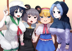 Rule 34 | 4girls, alice margatroid, anchor symbol, animal ears, black hair, blonde hair, blue dress, blue eyes, blue hair, blue hood, blush, breasts, capelet, cleavage, colored skin, commentary request, cookie (touhou), cowboy shot, crystal, dress, flour (cookie), fuka (kantoku), grey hair, grey skirt, grey vest, hairband, hat, highres, holding hands, hood, hood up, ichigo (cookie), jewelry, kumoi ichirin, large breasts, leaning forward, light blue hair, long sleeves, looking at viewer, milk (cookie), mouse ears, mouse girl, mouse tail, multiple girls, murasa minamitsu, nazrin, neckerchief, necktie, nyon (cookie), open mouth, pendant, purple dress, purple eyes, red eyes, red hairband, red neckerchief, red necktie, red sash, sailor collar, sailor hat, sash, shirt, short hair, shorts, skirt, skirt set, smile, tail, touhou, v, vest, white capelet, white headwear, white shirt, white shorts, white skin