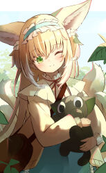 Rule 34 | 1girl, absurdres, animal, animal ear fluff, animal ears, arknights, bag, black cat, blonde hair, blue hairband, blue skirt, blush, brown bag, cardigan, cat, closed mouth, commentary, cross-laced clothes, cross-laced skirt, cross-laced slit, crossover, extra ears, fox ears, fox girl, fox tail, frilled hairband, frills, green eyes, hair ornament, hair scrunchie, hairband, high-waist skirt, highres, holding, holding animal, holding cat, kitsune, kyuubi, long hair, long sleeves, luo xiaohei, luo xiaohei zhanji, moepu., multicolored hair, multiple tails, neck ribbon, official alternate costume, one eye closed, open cardigan, open clothes, outdoors, puffy long sleeves, puffy sleeves, red ribbon, ribbon, round bag, scrunchie, shirt, shoulder bag, skirt, sleeve cuffs, smile, solo, split mouth, suzuran (arknights), suzuran (spring praise) (arknights), tail, two-tone hair, upper body, white hair, white shirt, yellow cardigan