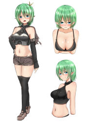 Rule 34 | 1girl, arm warmers, bare shoulders, baretto (karasi07), black legwear, blue eyes, blush, breasts, cleavage, commentary request, elf, fingerless gloves, gloves, green hair, hand on own hip, highres, large breasts, looking at viewer, multiple views, navel, open mouth, original, pointy ears, short hair, simple background, stomach, variations, white background