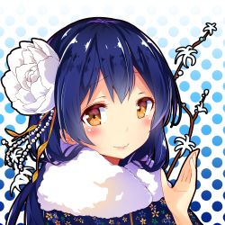 Rule 34 | 1girl, blue hair, commentary request, engawa (rarenago), floral print, flower, fur trim, hair between eyes, hair flower, hair ornament, highres, japanese clothes, kimono, long hair, looking at viewer, love live!, love live! school idol festival, love live! school idol project, polka dot, polka dot background, portrait, smile, solo, sonoda umi, yellow eyes