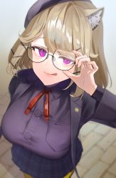 Rule 34 | 1girl, :q, absurdres, adjusting eyewear, animal ear fluff, animal ears, arknights, black hat, black jacket, black skirt, blonde hair, breasts, closed mouth, collared shirt, cowboy shot, from above, glasses, hat, highres, jacket, large breasts, long sleeves, looking at viewer, looking up, miniskirt, open clothes, open jacket, pantyhose, plaid, plaid skirt, pleated skirt, purple eyes, purple shirt, shirt, short hair, skirt, smile, solo, swept bangs, tachibana reiya, tongue, tongue out, utage (arknights), utage (disguise) (arknights), yellow pantyhose