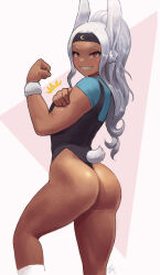 Rule 34 | 1girl, alternate hairstyle, animal ears, ass, bad id, bad twitter id, black headband, black leotard, blue undershirt, boku no hero academia, clenched hand, clothing cutout, crescent print, dark-skinned female, dark skin, flexing, from behind, hand on own arm, headband, highleg, highleg leotard, highres, leotard, long hair, looking at viewer, mirko, parted bangs, ponytail, rabbit ears, rabbit girl, rabbit tail, red eyes, signature, smile, solo, sweat, tail, tail through clothes, teeth, thighs, toned, white hair, wrist cuffs, zefrableu