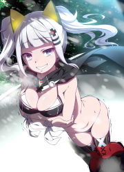Rule 34 | 1girl, bikini, black bikini, black scarf, blue eyes, breasts, cleavage, clenched teeth, cold, kaguya luna, looking at viewer, medium breasts, natsumi akira, red thighhighs, scarf, short hair, smile, snow, solo, standing, swimsuit, tears, teeth, the moon studio, thighhighs, trembling, twintails, virtual youtuber, white hair