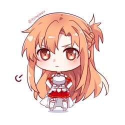 Rule 34 | 1girl, :&lt;, armor, artist name, asuna (sao), bare shoulders, braid, breastplate, brown eyes, chibi, chibi only, closed mouth, commentary, detached sleeves, dress, french braid, frown, full body, hair between eyes, hands on own hips, highres, huffing, istriri, light blush, long hair, looking at viewer, orange hair, pleated skirt, red skirt, simple background, skirt, solo, standing, sword art online, thighhighs, turtleneck, turtleneck dress, twitter username, white background, white dress, white sleeves, white thighhighs, zettai ryouiki