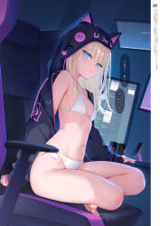 Rule 34 | 1girl, animal ears, bikini, blonde hair, blue eyes, breasts, can, cat ears, cat ornament, cellphone, chair, commentary request, crossed legs, fake animal ears, full body, gaming chair, highres, hood, hood up, hoodie, indian style, looking at viewer, mignon, monitor, navel, original, phone, sitting, small breasts, smartphone, solo, stomach, swimsuit, swivel chair, thighs, translation request, white bikini