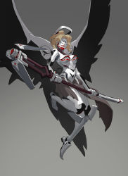 Rule 34 | 1girl, adapted costume, armor, black wings, blonde hair, bodysuit, breasts, cosplay, the end of evangelion, faulds, full body, gloves, gradient background, halo, headgear, high ponytail, highres, holding, holding staff, holding weapon, kelvin chan, knee pads, long sleeves, mask, mass production eva, mass production eva (cosplay), mechanical halo, mechanical wings, medium breasts, mercy (overwatch), neon genesis evangelion, overwatch, overwatch 1, pelvic curtain, solo, spread wings, staff, weapon, white bodysuit, white gloves, wings