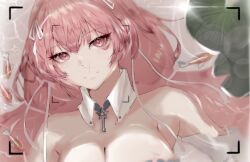 Rule 34 | 1girl, atsuri anim08, azur lane, bare shoulders, breasts, cleavage, collar, detached collar, detached sleeves, fish, highres, key, large breasts, long hair, perseus (azur lane), pink eyes, pink hair, solo, upper body, viewfinder, water, white collar