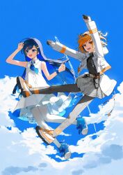 Rule 34 | 2girls, a.i. voice, adachi rei, aircraft, airplane, arm up, arms up, belt, belt pouch, black hair, black shirt, blue bow, blue brooch, blue eyes, blue footwear, blue hair, blue ribbon, blue sky, blush, bow, cable, cevio, cloud, cloudy sky, collared dress, colored inner hair, commentary request, contrail, crow (crow crowd24), dress, floating hair, footwear bow, full body, futaba minato, gradient neck ribbon, grey pantyhose, grey skirt, hair ornament, hairclip, headlamp, headset, highres, hood, hood down, hooded jacket, jacket, jet, jumping, layered dress, long hair, long sleeves, looking ahead, looking at viewer, medium hair, midair, multicolored hair, multiple girls, open clothes, open jacket, orange belt, orange eyes, pantyhose, pleated skirt, pouch, ribbon, scrunchie, second-party source, shirt, shirt tucked in, shoes, sidelighting, skirt, sky, sleeveless, sleeveless dress, smile, sneakers, turtleneck, utau, white dress, white jacket, white pantyhose, wrist scrunchie
