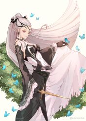 Rule 34 | 1girl, atoatto, black dress, black gloves, breasts, bug, butterfly, choker, cleavage, dagger, dress, earrings, eir (fire emblem), fire emblem, fire emblem heroes, gloves, grass, holding, holding dagger, holding knife, holding weapon, insect, jewelry, knife, large breasts, long hair, long sleeves, nintendo, ponytail, solo, tiara, weapon, white dress, white hair