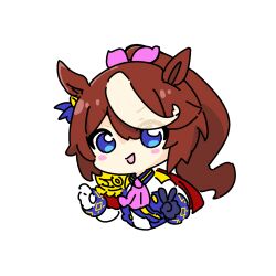 Rule 34 | 1girl, :d, animal ears, ascot, asymmetrical gloves, blue eyes, blue gloves, blush stickers, brown hair, chibi, collared jacket, commentary request, cropped torso, epaulettes, gloves, hair between eyes, hair ribbon, highres, horse ears, jacket, long hair, mismatched gloves, multicolored hair, nozo (hitomiz), open mouth, pink ascot, pink ribbon, ponytail, ribbon, simple background, single epaulette, smile, solo, streaked hair, tokai teio (umamusume), umamusume, upper body, v, very long hair, white background, white gloves, white hair, white jacket