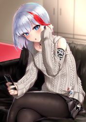 Rule 34 | 1girl, 3104 (3104milkshake), :o, admiral graf spee (azur lane), admiral graf spee (peaceful daily life) (azur lane), aran sweater, azur lane, black choker, black pantyhose, black skirt, blue eyes, blush, cable knit, cellphone, choker, clothing cutout, collarbone, commentary request, couch, deutschland (azur lane), grey sweater, tucking hair, highres, holding, holding phone, indoors, leaning forward, long sleeves, looking at viewer, miniskirt, multicolored hair, nail polish, open mouth, pantyhose, phone, pin, pink nails, pleated skirt, red hair, short hair, shoulder cutout, silver hair, sitting, skirt, smartphone, solo, streaked hair, sweater