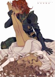 Rule 34 | 2girls, armor, barefoot, brown hair, dated, dress, gloves, hand on another&#039;s foot, highres, licking, licking foot, long hair, luoman19921, lying, medium hair, multiple girls, on back, original, red hair, simple background, white background, white dress, white gloves, yuri