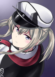 Rule 34 | 10s, 1girl, back, blonde hair, breasts, capelet, celtic knot, cross, from behind, graf zeppelin (kancolle), grey eyes, hair between eyes, hat, head tilt, highres, kamelie, kantai collection, large breasts, lips, looking at viewer, looking back, military hat, peaked cap, solo, twintails, uniform, white hat